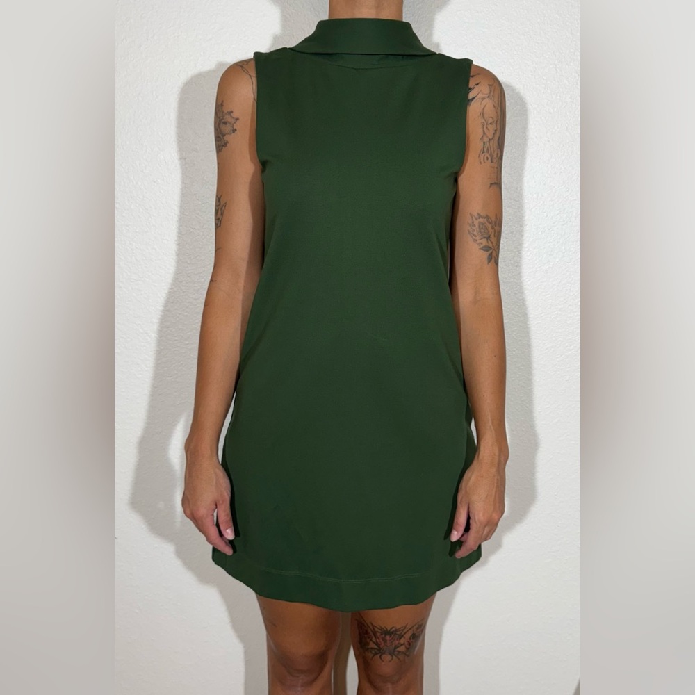 RED VALENTINO Green Mini Shift Dress Sleeveless, Cowl Neck, Back Tie Detail